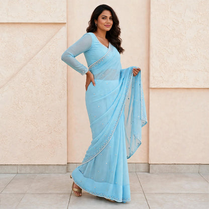 manually stitched pre-pleated saree and blouse sets