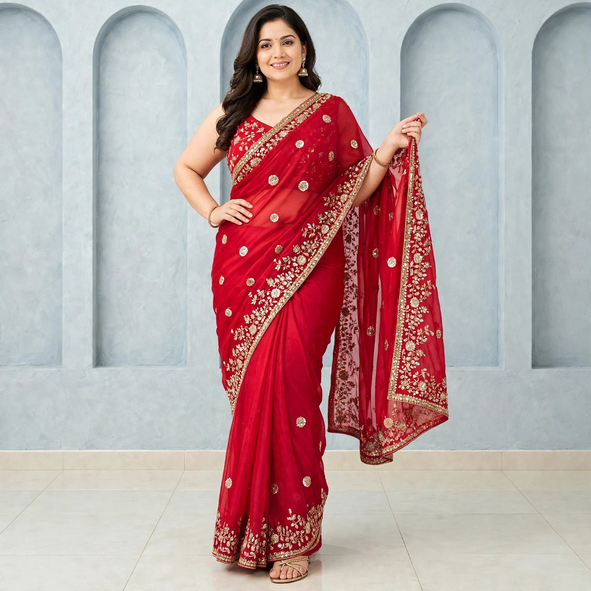 Sequins Embroidered Saree and sleeveless stitched blouse set
