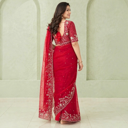 Pre-pleated Sequence and thread work saree and blouse set