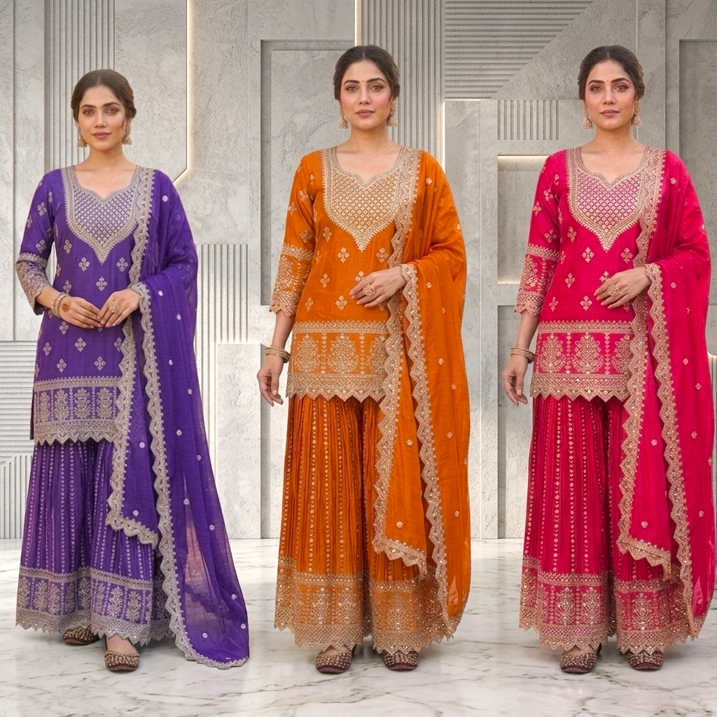 Heavy embroidered short top sharara suit set