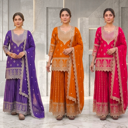 Heavy embroidered short top sharara suit set