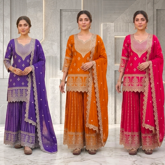 Heavy embroidered short top sharara suit set