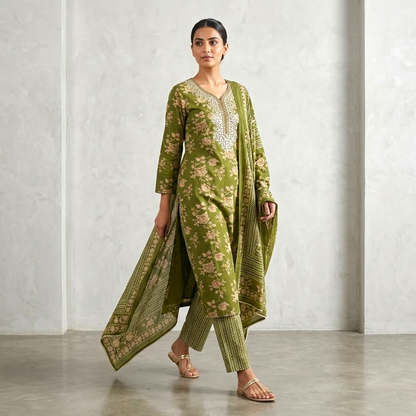 Floral Print Mirror Work Straight Kurta Set