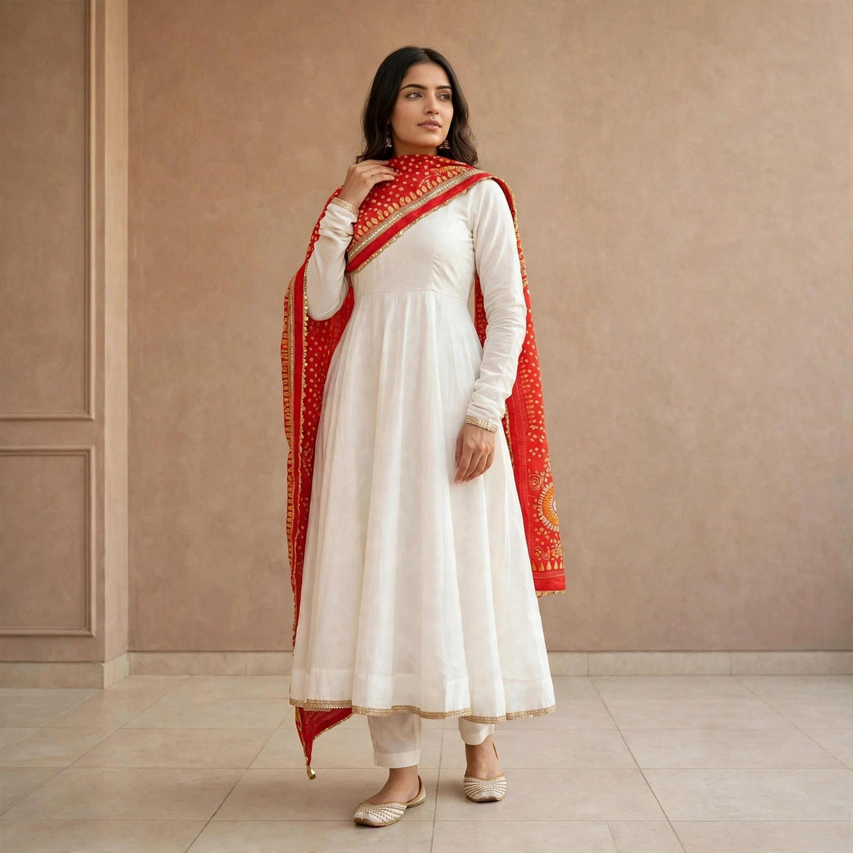 Less worked Anarkali suit with Bandhani dupatta