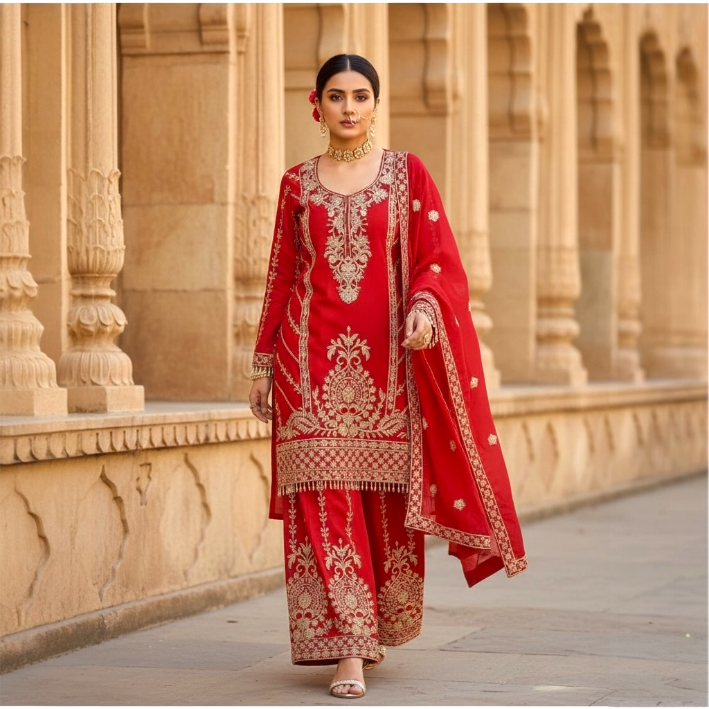 Embroidered Sharara Set with Lace Border Dupatta