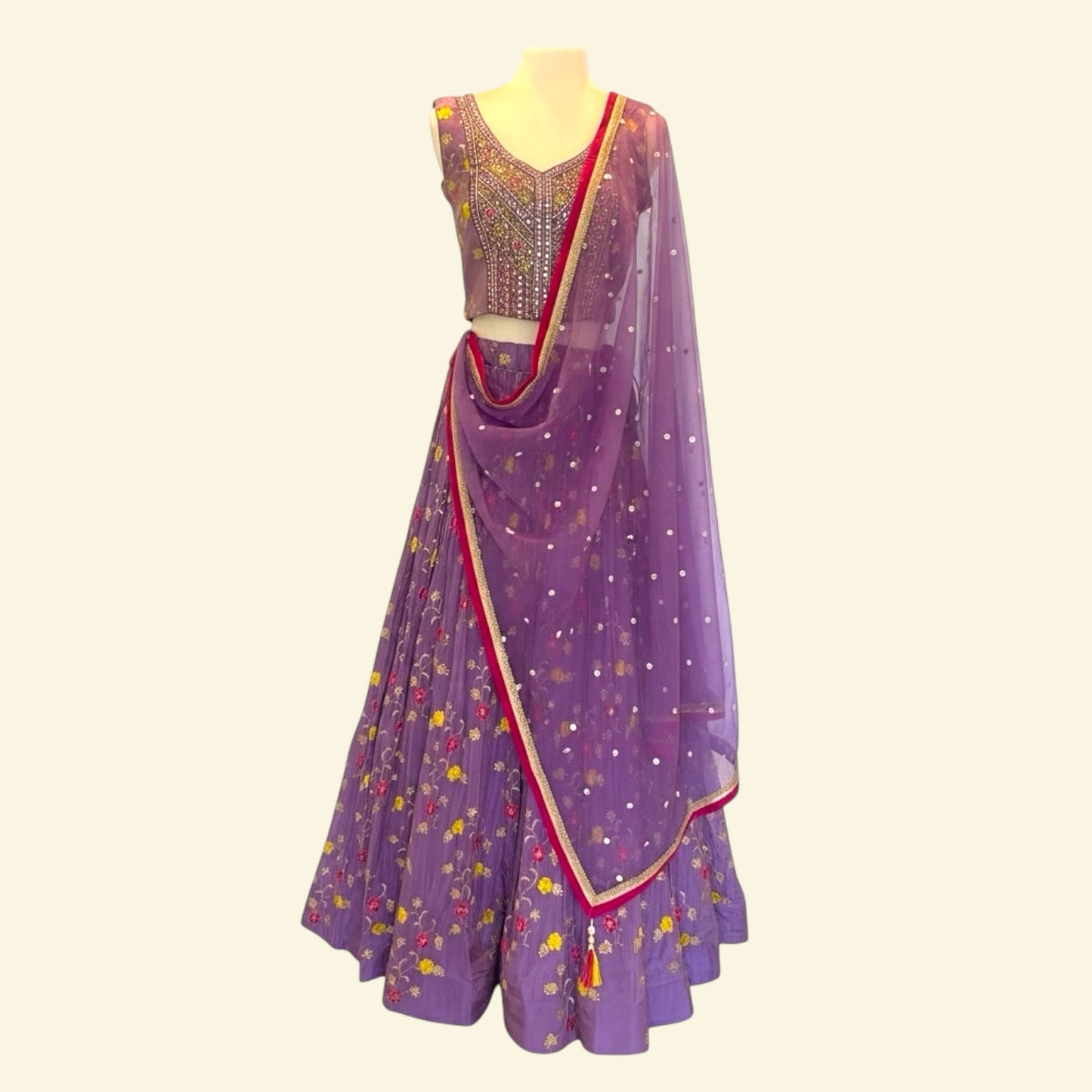 Zari and crystal-embroidered lehenga choli set