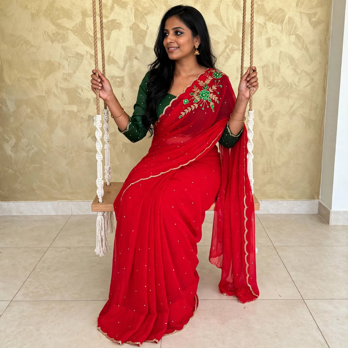 Manually stitched sequins floral saree and blouse set.