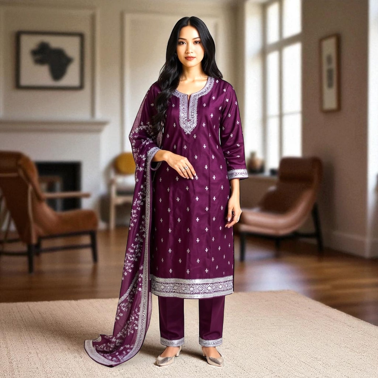 Silver Embroidered Kurta Set