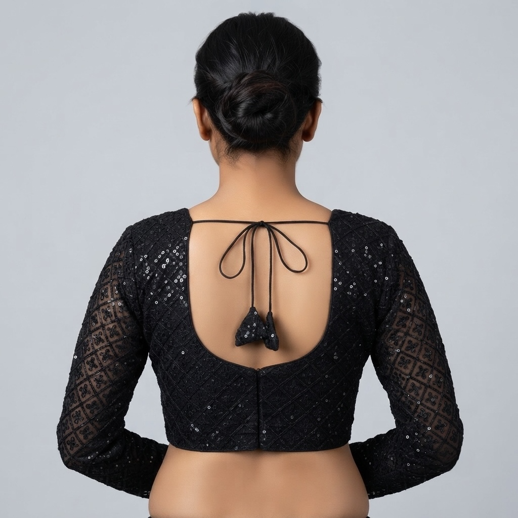 Arch base sequin and embroidered long net sleeve blouse
