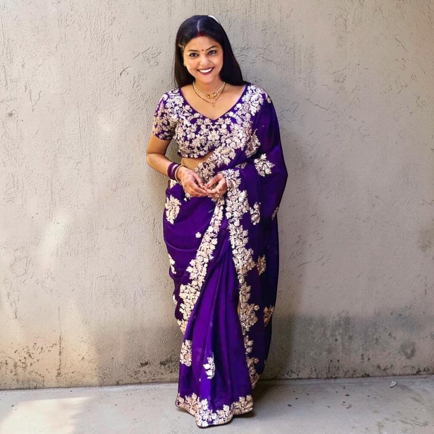 Silver embroidery and sequin work saree set