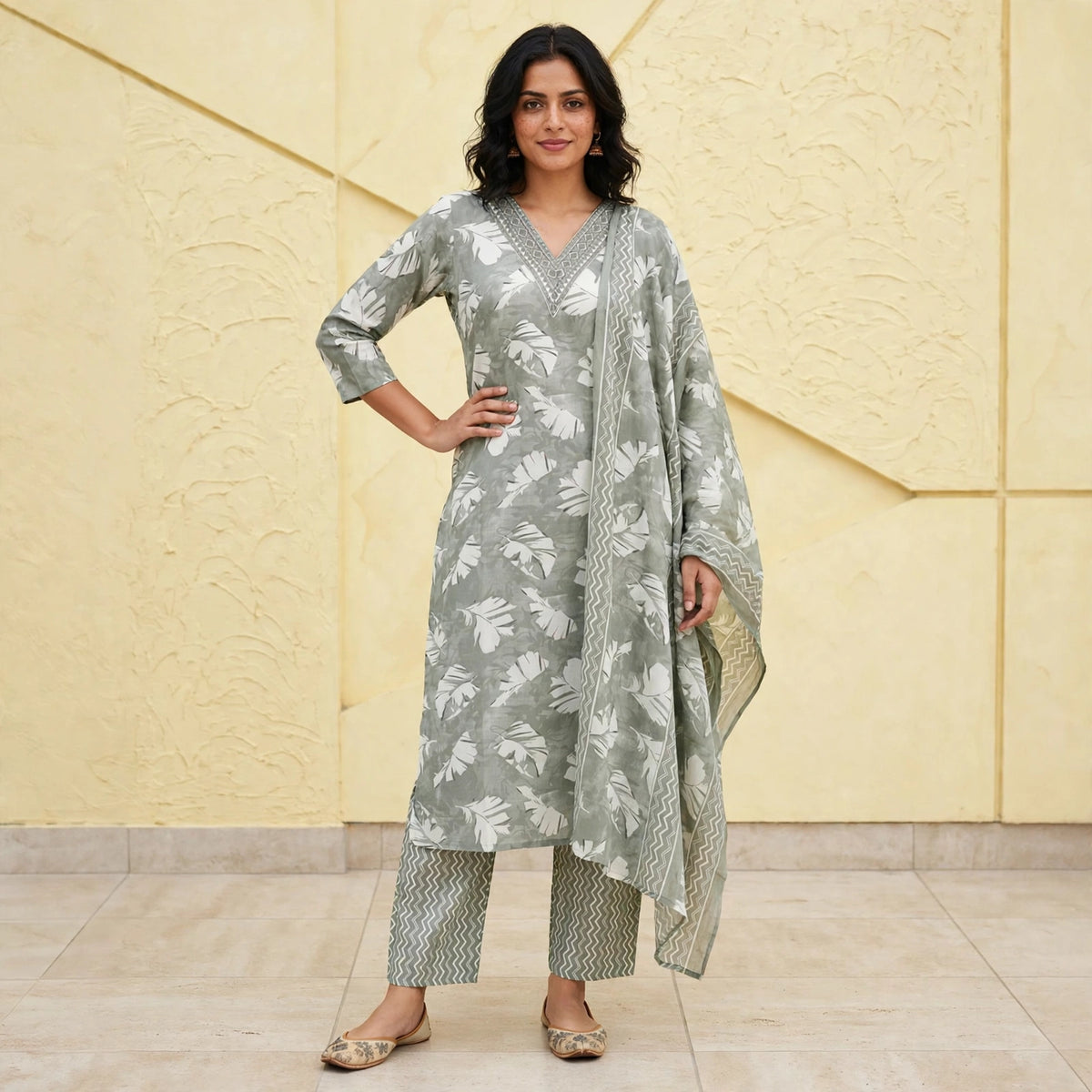 Botanical Print Straight Kurta Set