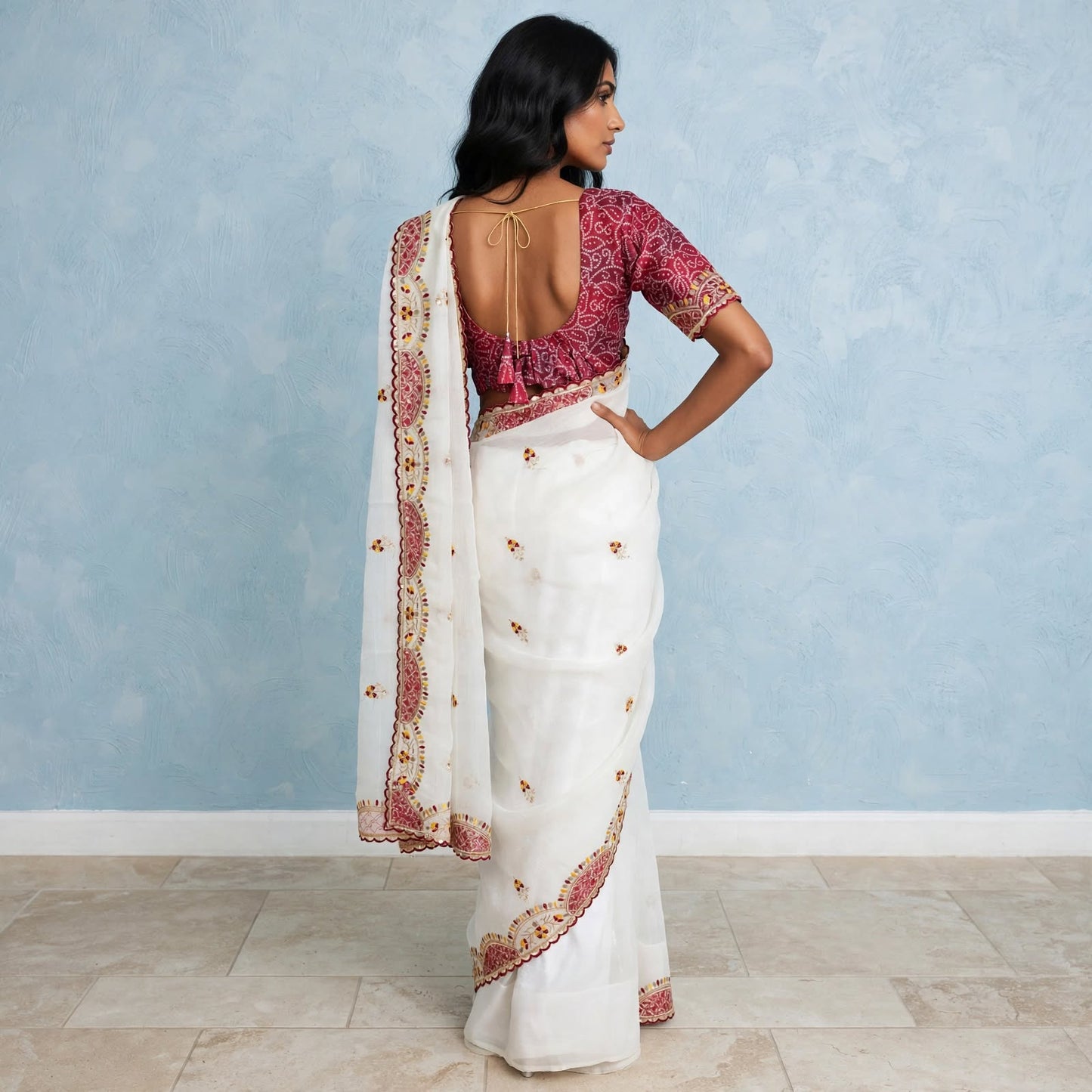 Sequins patchwork saree and Bandhani print blouse Set