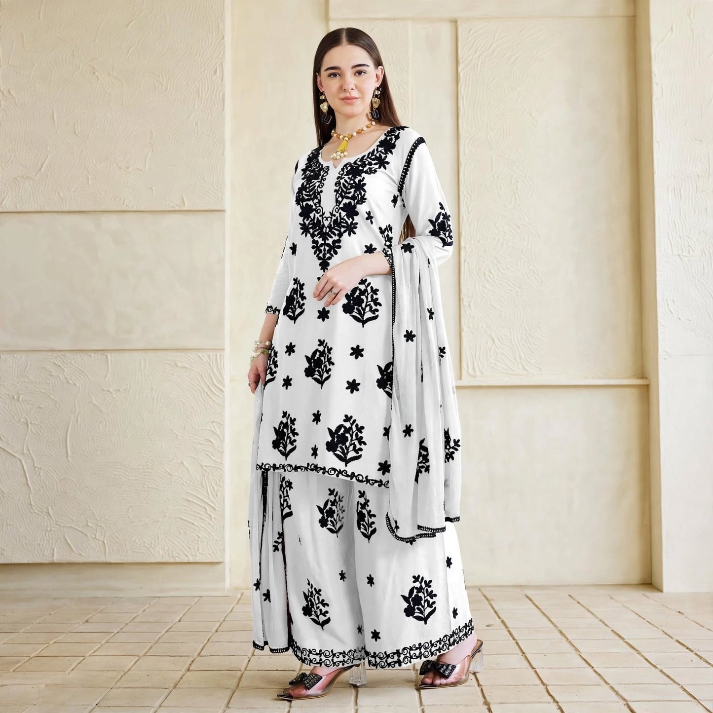 Noir Flora Chikankari Style Palazzo Set