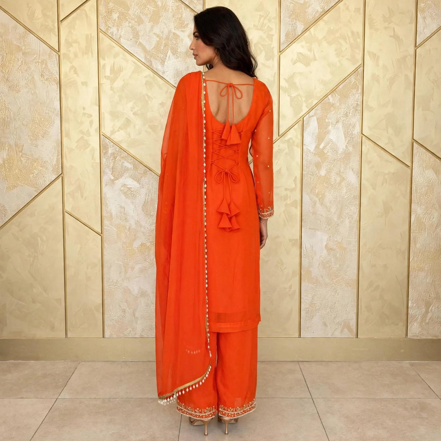 Manually stitched beadwork palazzo type kurta set
