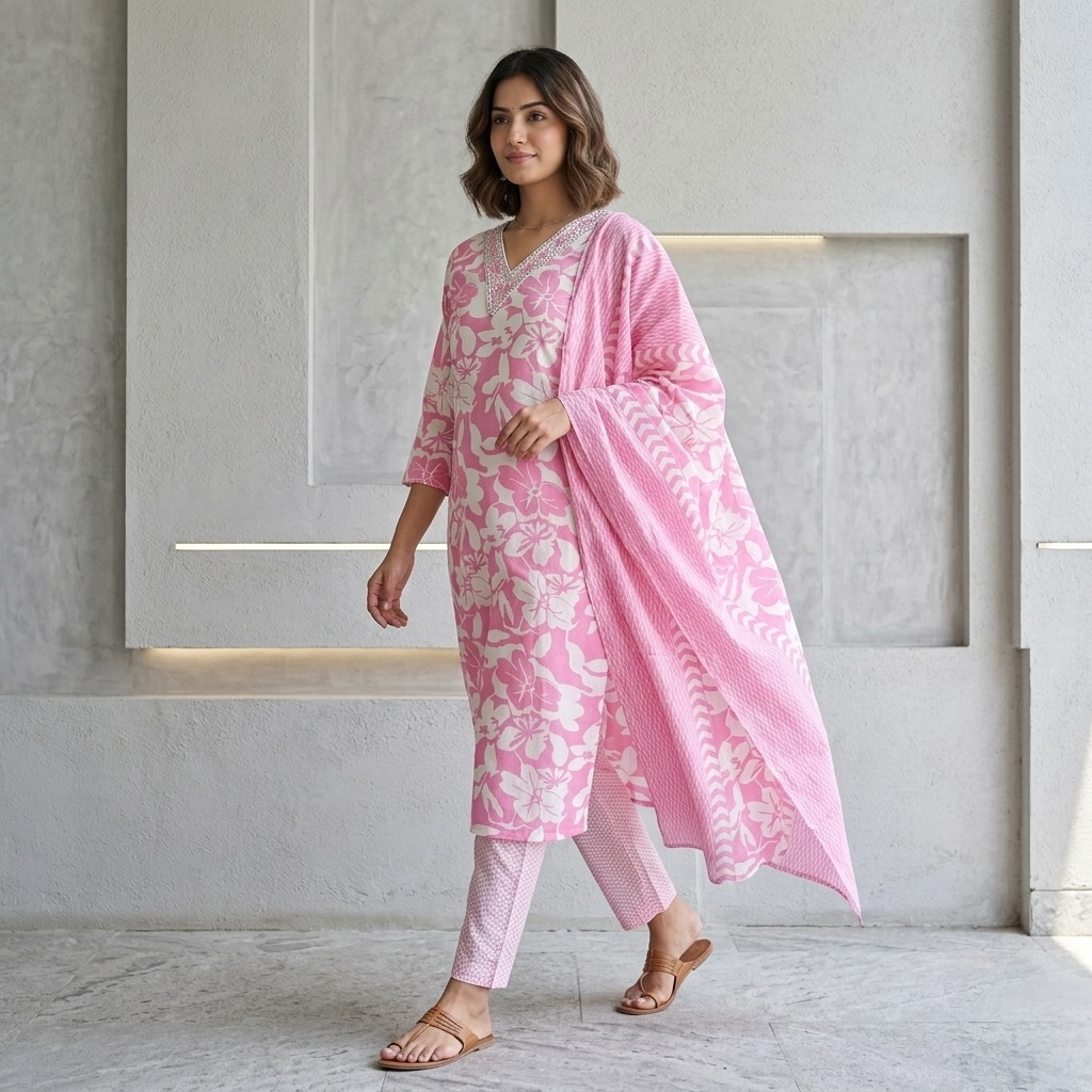 Straight-cut with a V-neck design kurta set