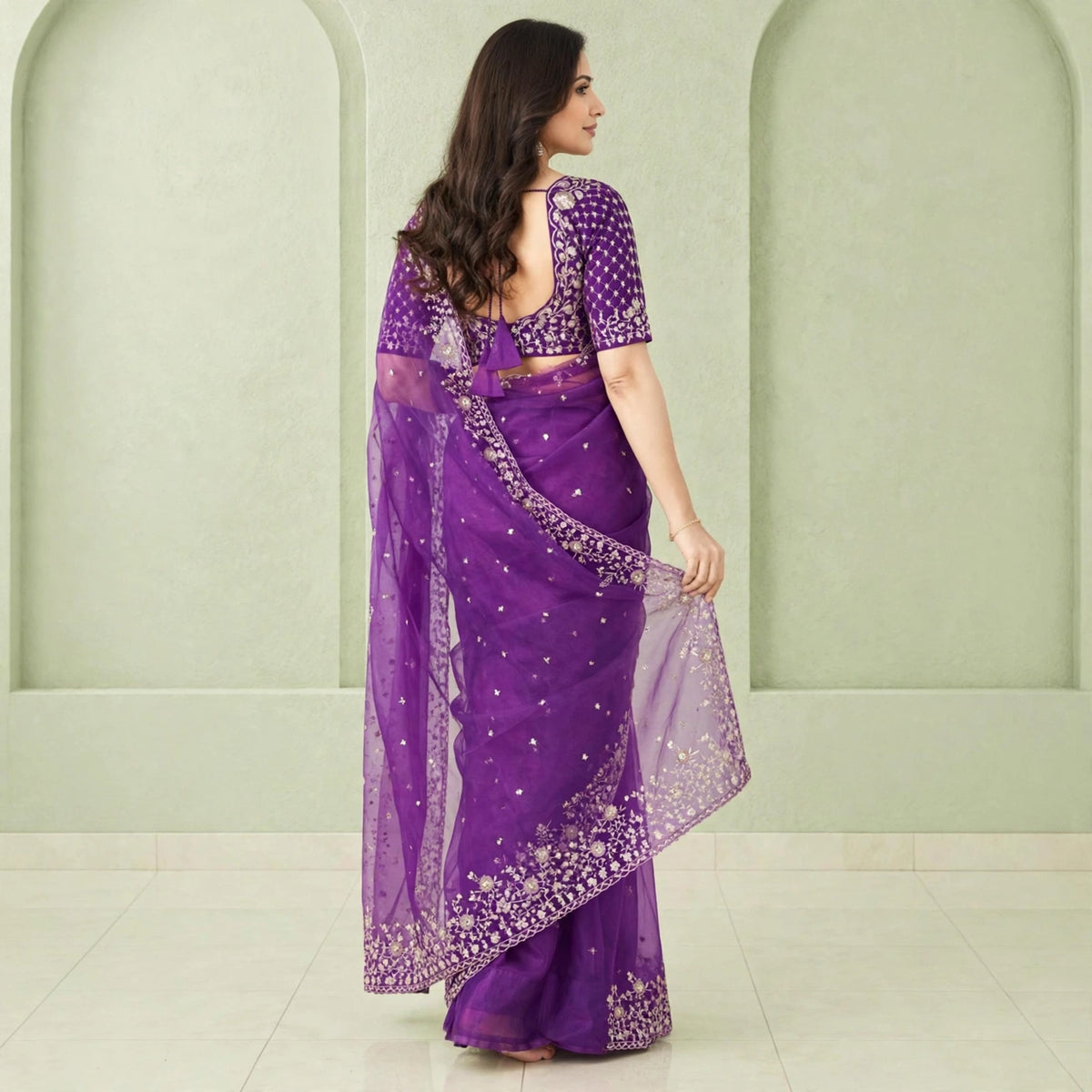 Pre-pleated Sequence and thread work saree and blouse set