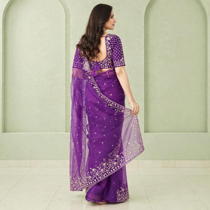 Pre-pleated Sequence and thread work saree and blouse set