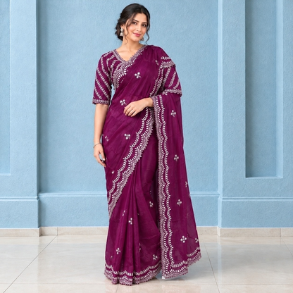 Trefoil embroidered pre-pleated saree and blouse set