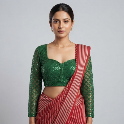Up tack base sequin and embroidered net sleeve blouse