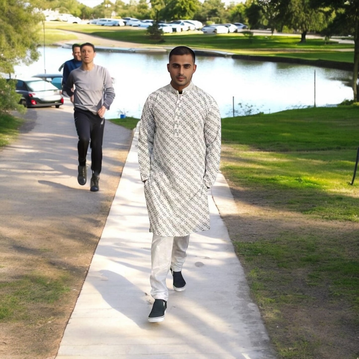 Men’s chikankari kurta set. No scarf included.