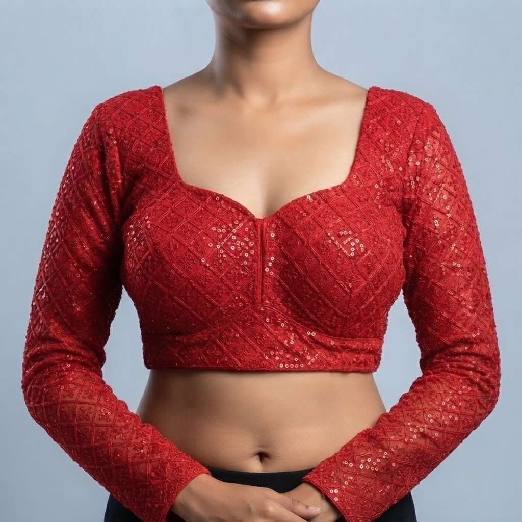 Arch base sequin and embroidered long net sleeve blouse