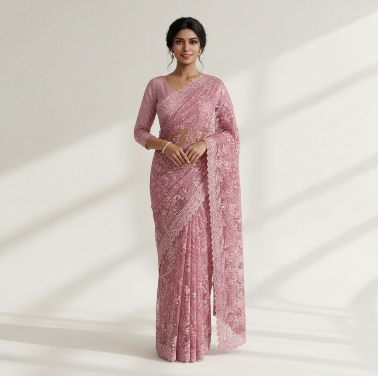 Net saree and blouse set with glitter and thread work