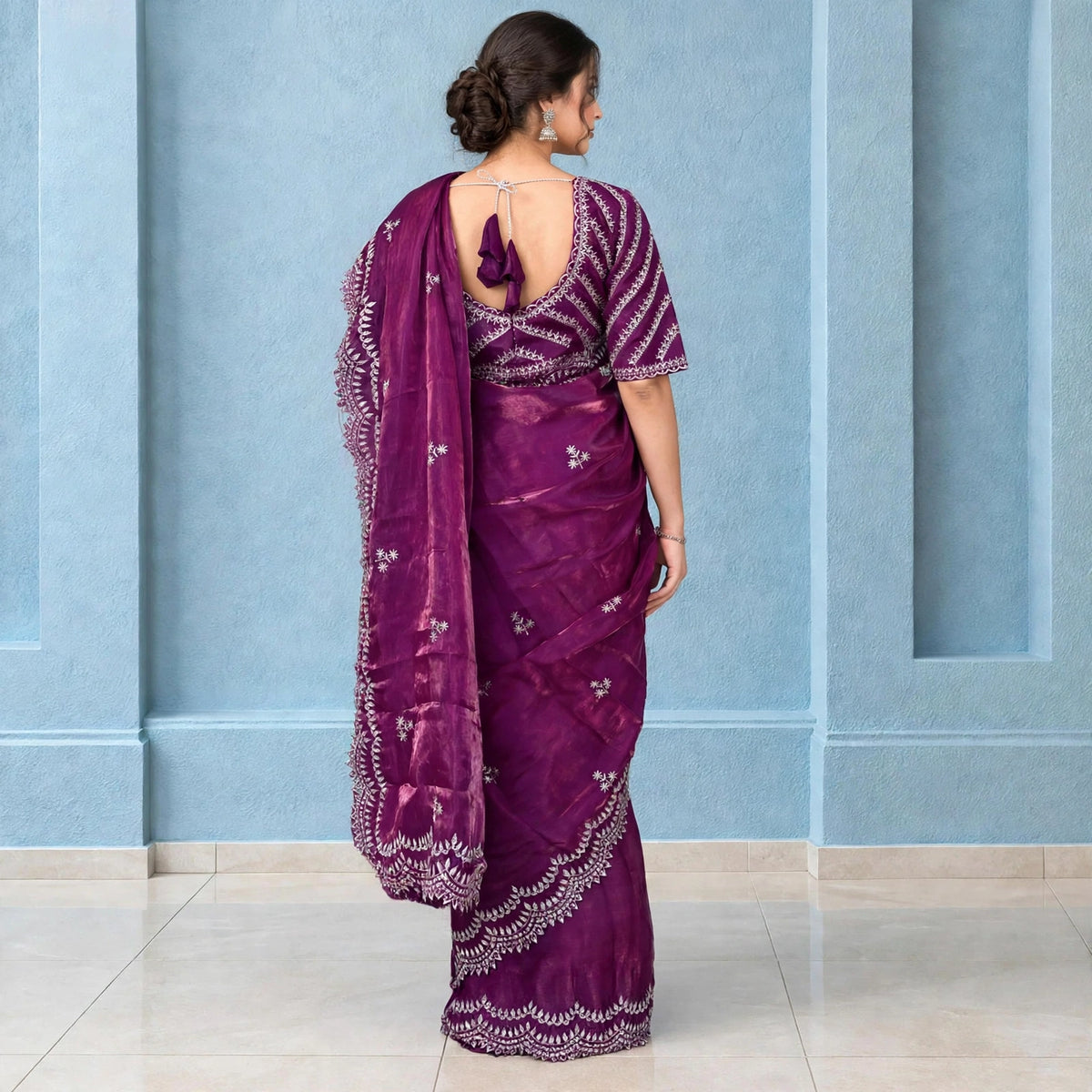 Trefoil embroidered pre-pleated saree and blouse set