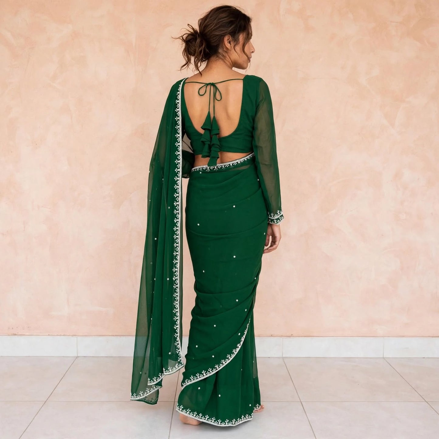 manually stitched pre-pleated saree and blouse sets