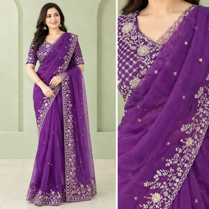 Pre-pleated Sequence and thread work saree and blouse set