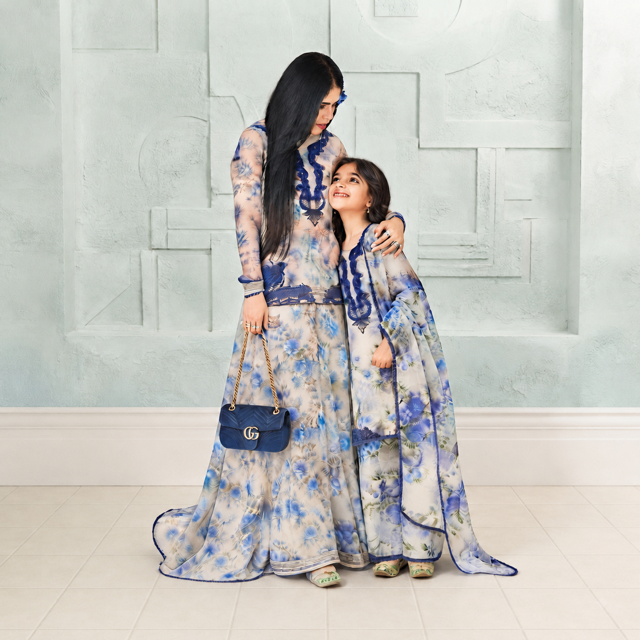 Blue Flora mother-daughter Matching Set