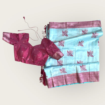 Mayur print semi ikkat saree