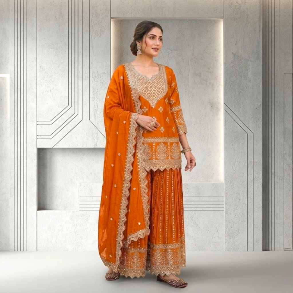 Heavy embroidered short top sharara suit set