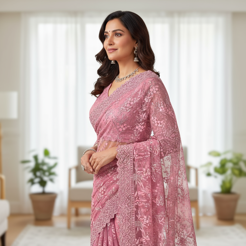 Net saree and blouse set with glitter and thread work