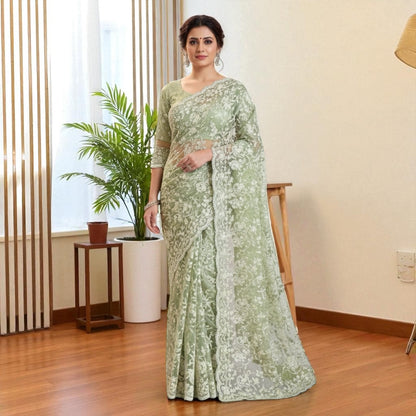 Net saree and blouse set with glitter and thread work