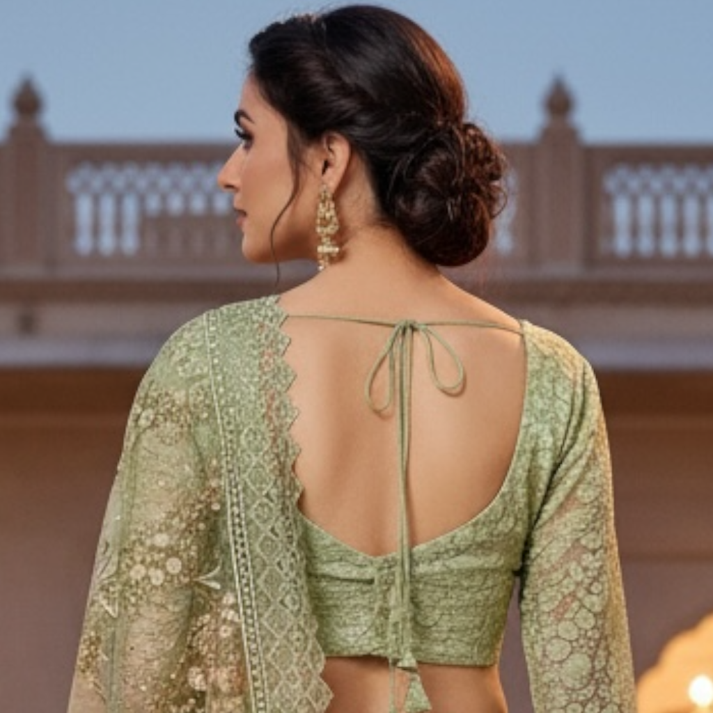 Net saree and blouse set with glitter and thread work