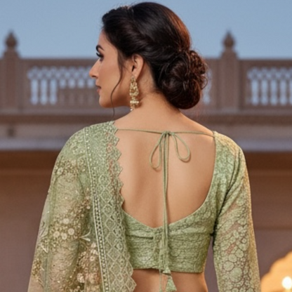 Net saree and blouse set with glitter and thread work