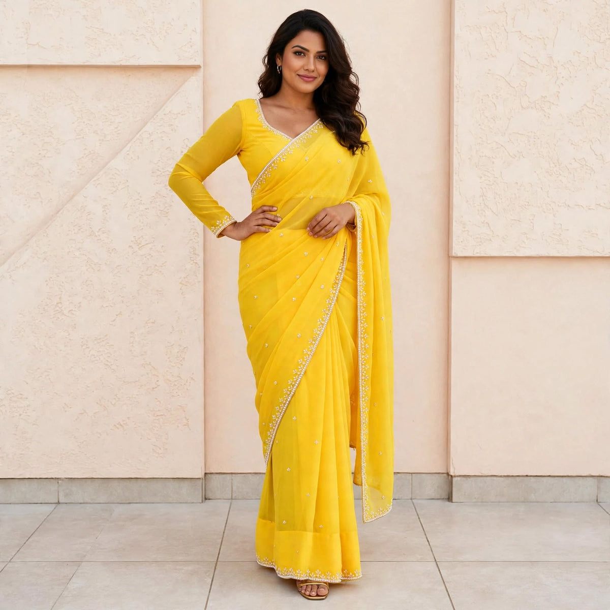 manually stitched pre-pleated saree and blouse sets