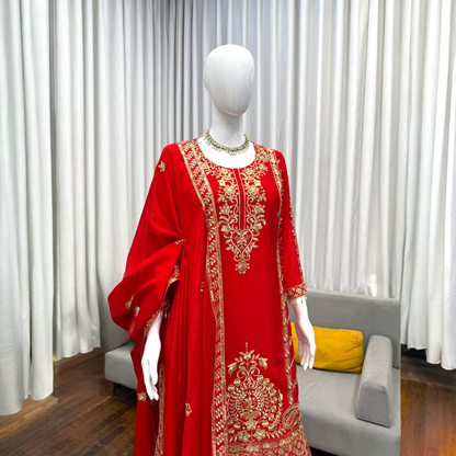 Embroidered Sharara Set with Lace Border Dupatta