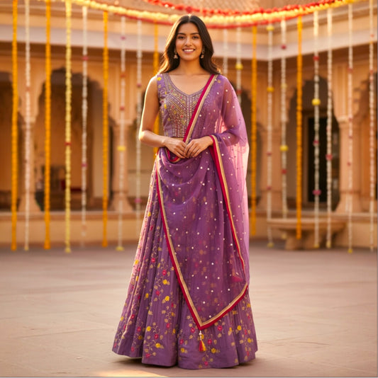 Zari and crystal-embroidered lehenga choli set