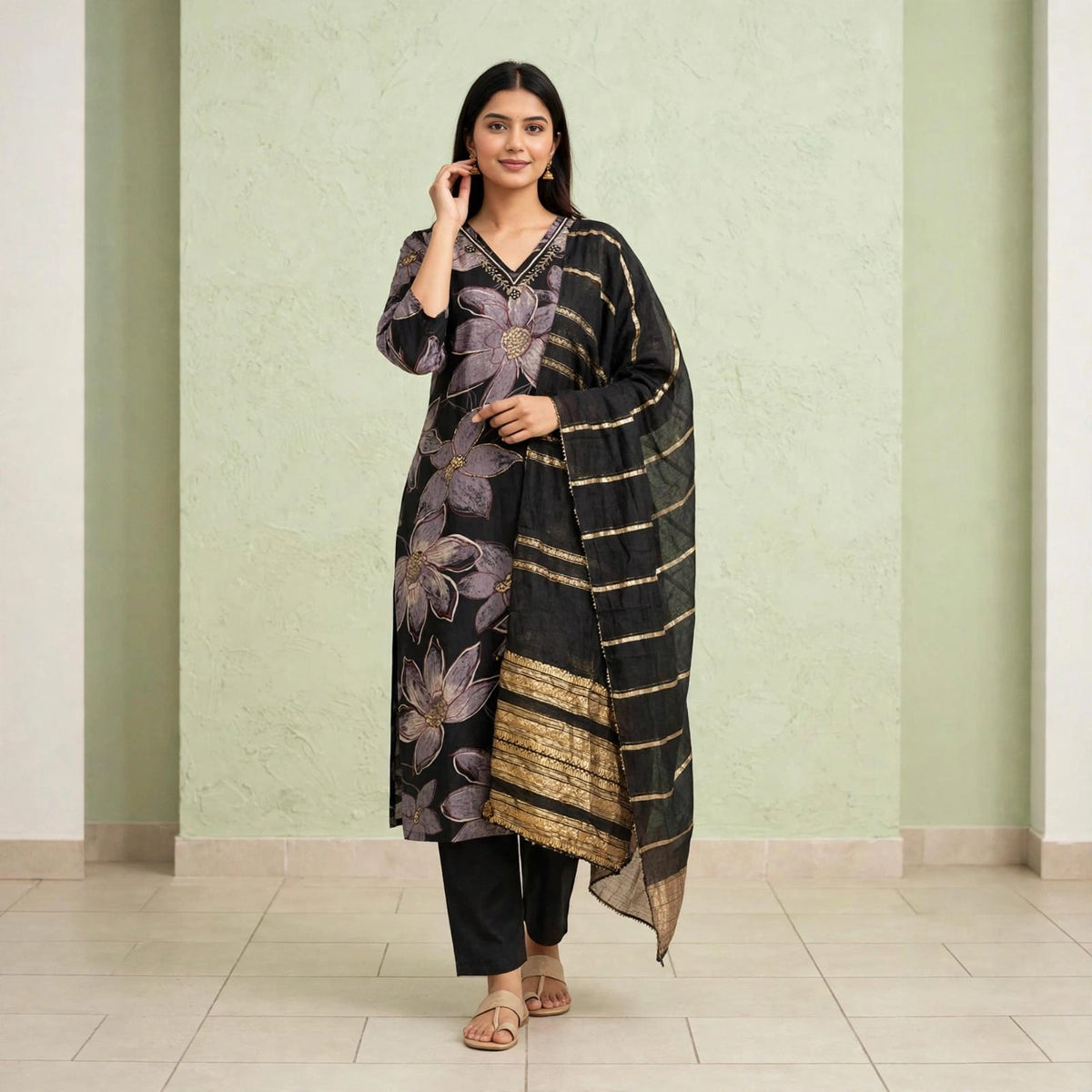 Lily-print noir straight kurta set