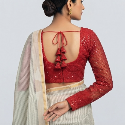 Up tack base sequin and embroidered net sleeve blouse