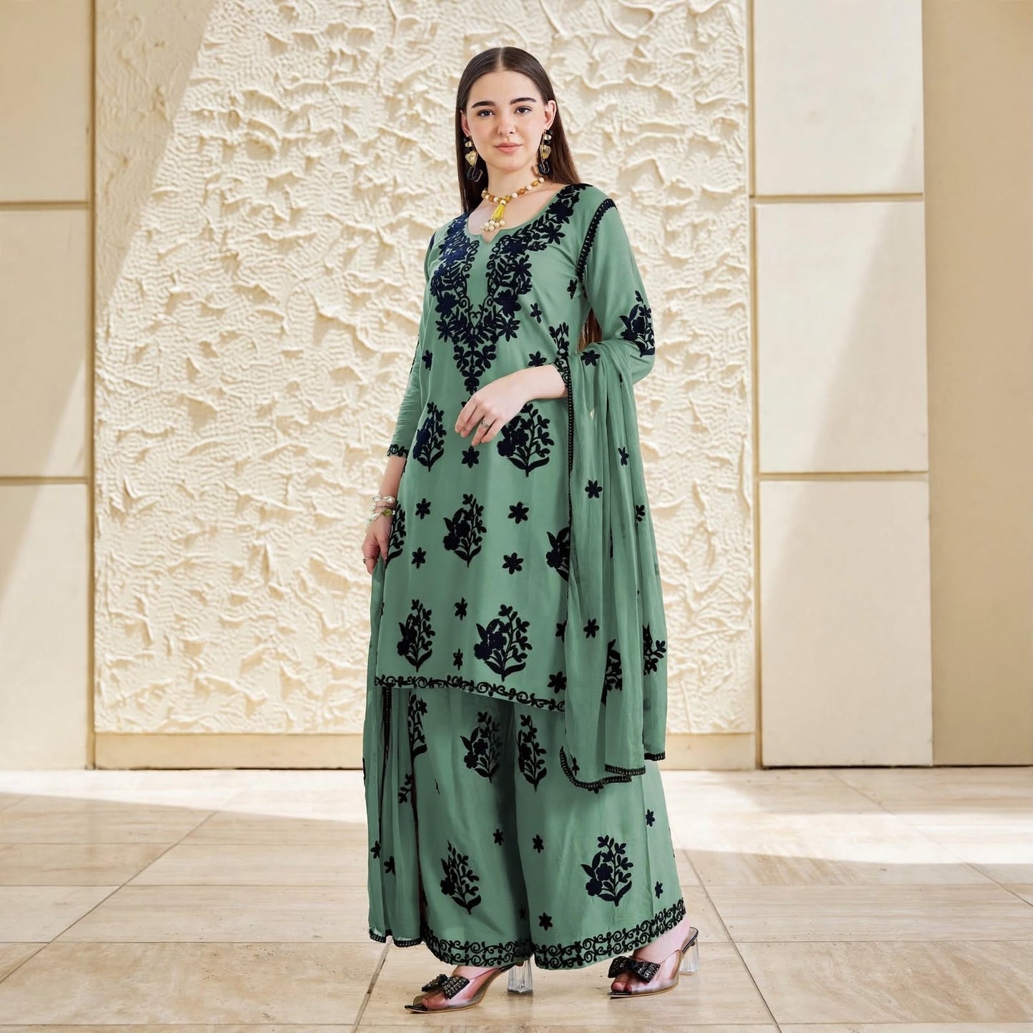 Noir Flora Chikankari Style Palazzo Set