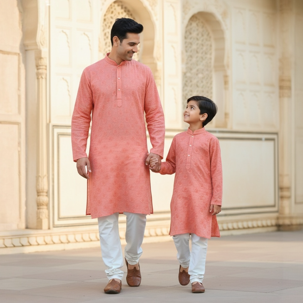 Chikankari father-son family combo set