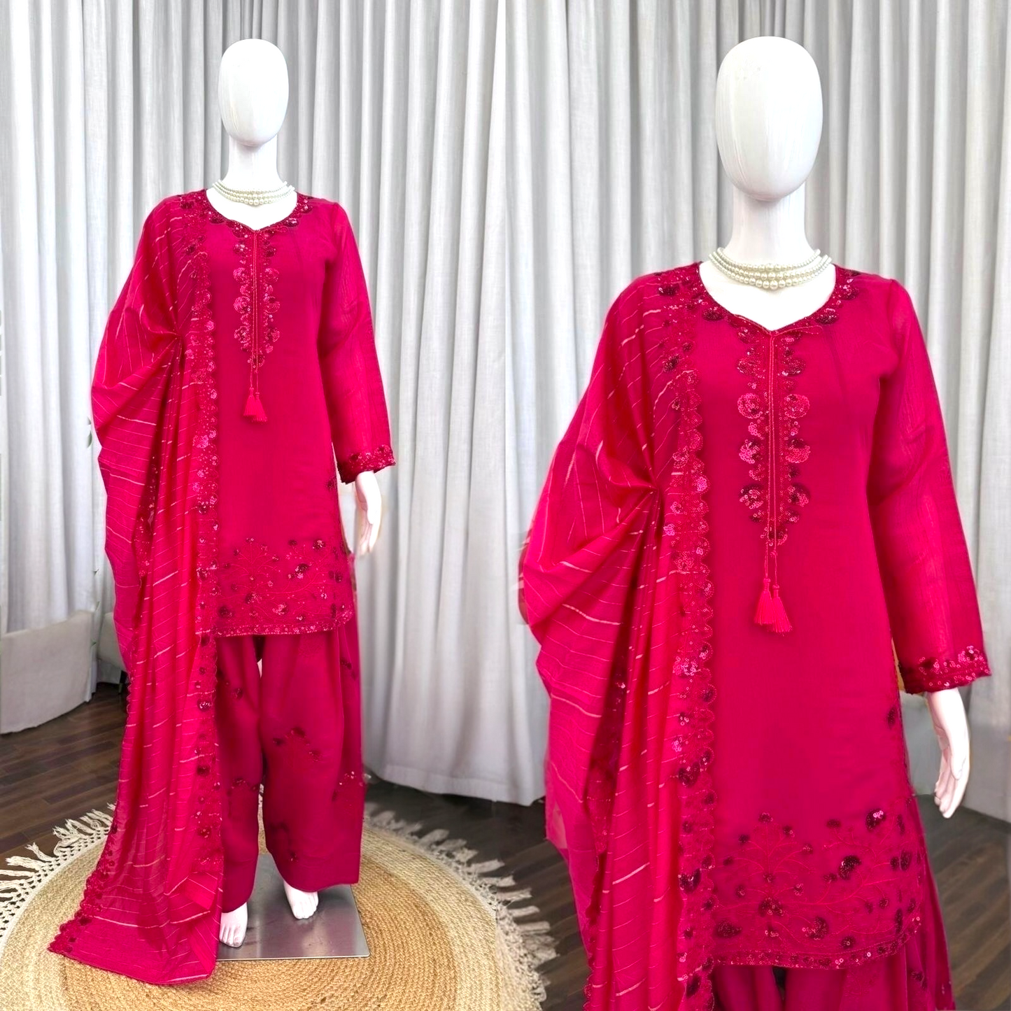 Embroidered Suit Set with Farshi Plazo & Jacquard Dupatta