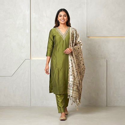 Pure Chanderi Embellished A-Line Kurta Set