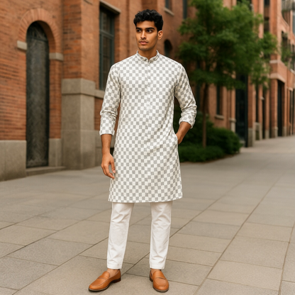 Men’s chikankari kurta set. No scarf included.