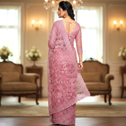 Net saree and blouse set with glitter and thread work