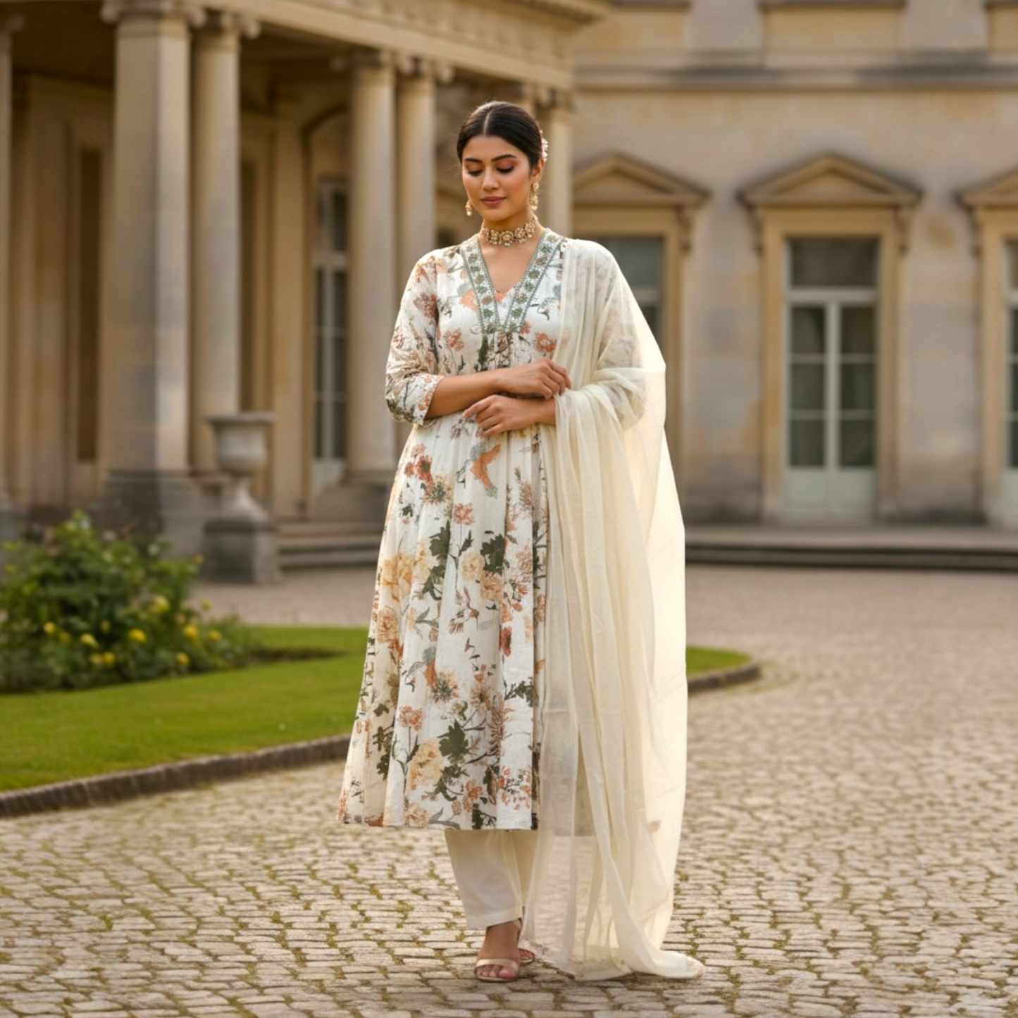 Floral print anarkali suit set