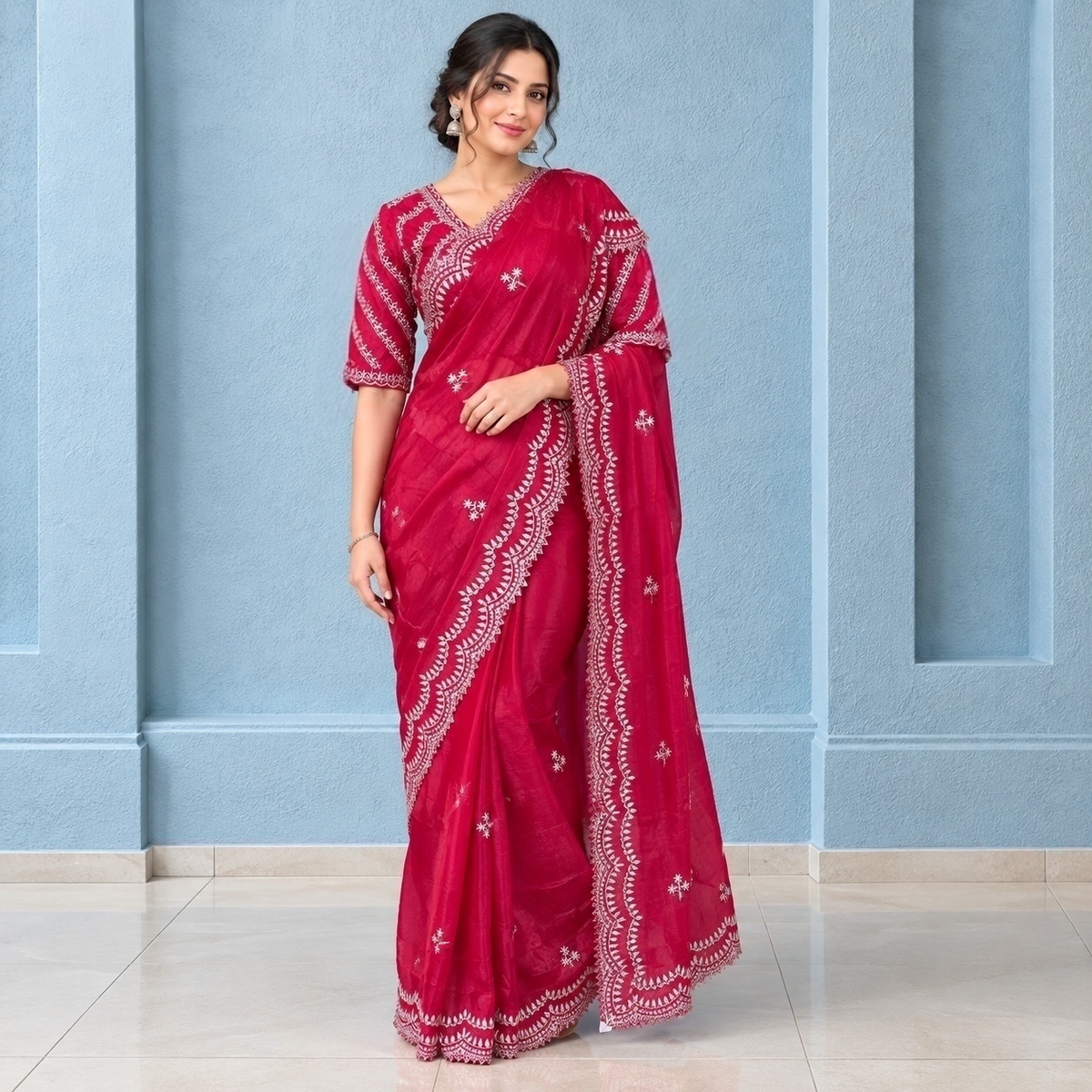 Trefoil embroidered pre-pleated saree and blouse set