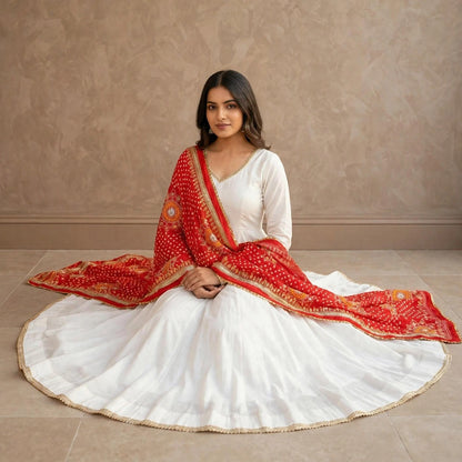 Less worked Anarkali suit with Bandhani dupatta
